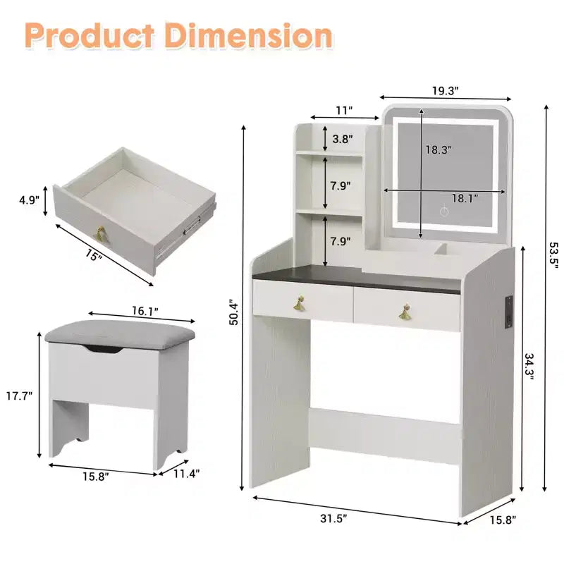 Vanity Desk with LED Light Mirror and Charging Station, Makeup Vanity with 2 Drawers and Storage Stool