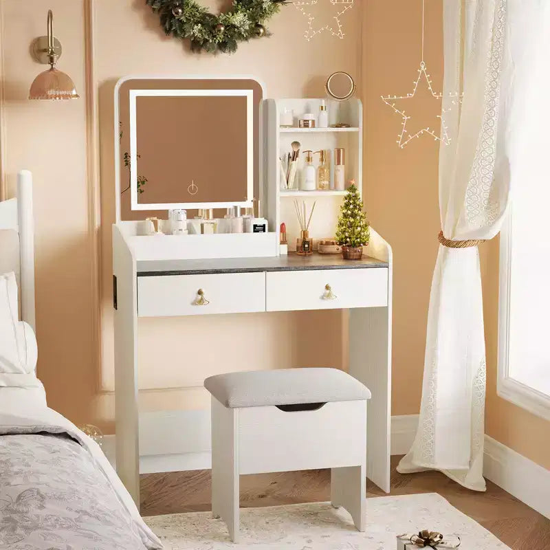 Vanity Desk with LED Light Mirror and Charging Station, Makeup Vanity with 2 Drawers and Storage Stool