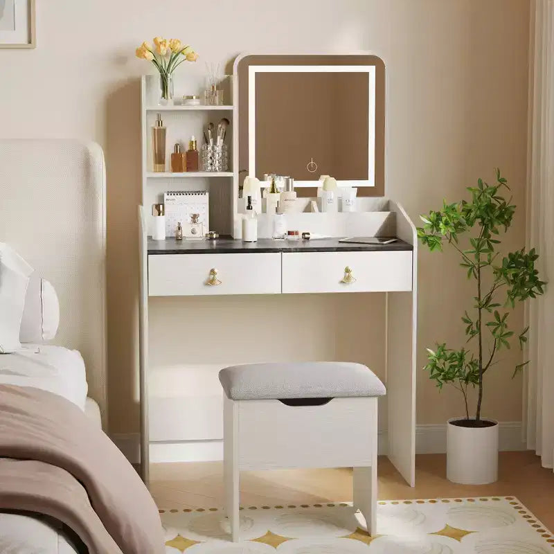 Vanity Desk with LED Light Mirror and Charging Station, Makeup Vanity with 2 Drawers and Storage Stool