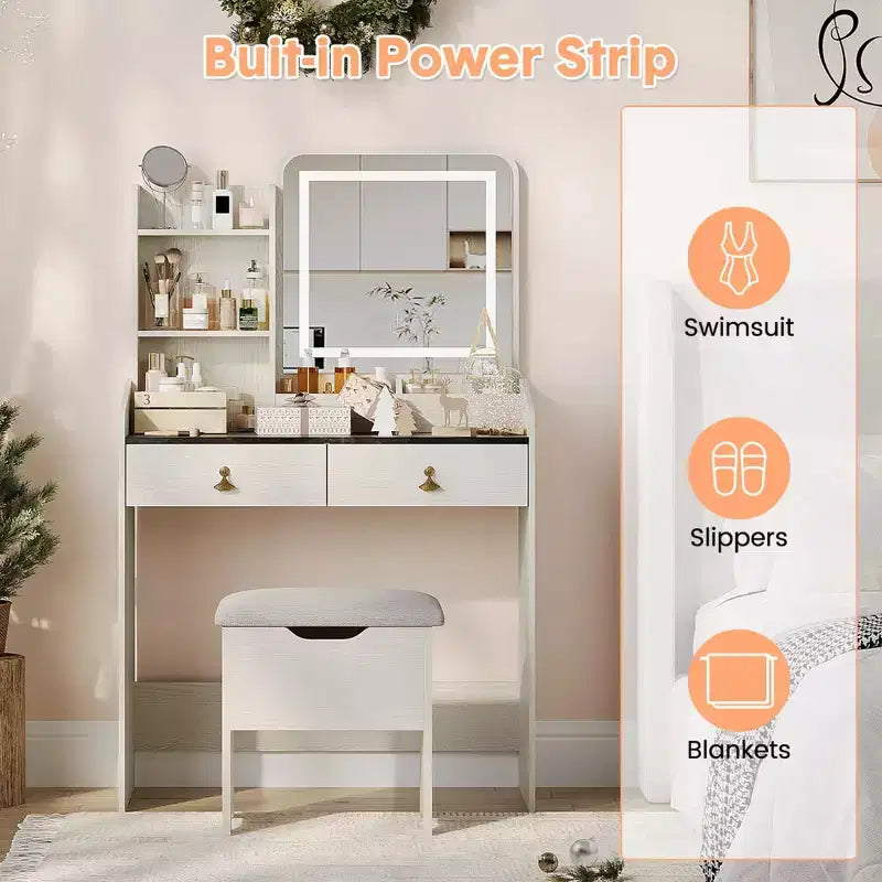 Vanity Desk with LED Light Mirror and Charging Station, Makeup Vanity with 2 Drawers and Storage Stool