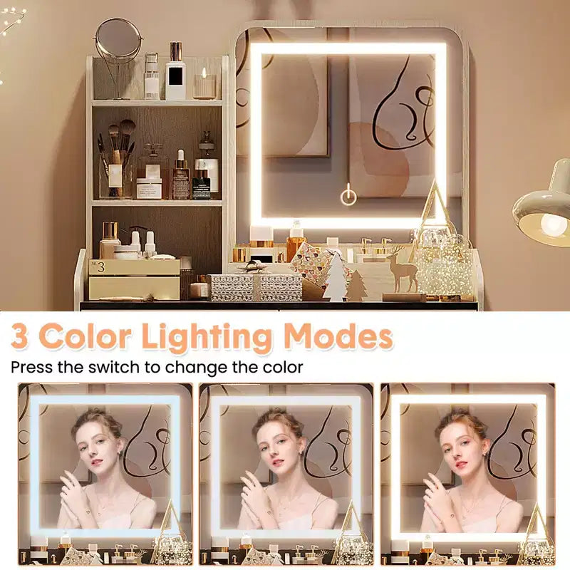 Vanity Desk with LED Light Mirror and Charging Station, Makeup Vanity with 2 Drawers and Storage Stool