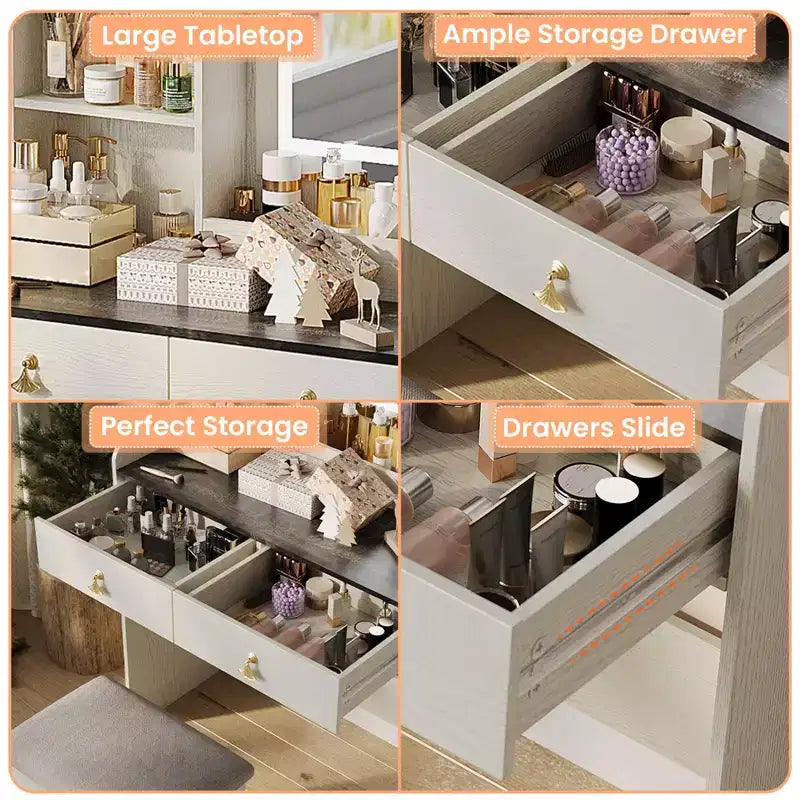 Vanity Desk with LED Light Mirror and Charging Station, Makeup Vanity with 2 Drawers and Storage Stool