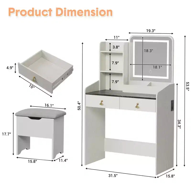 Vanity Desk with LED Light Mirror and Charging Station, Makeup Vanity with 2 Drawers and Storage Stool
