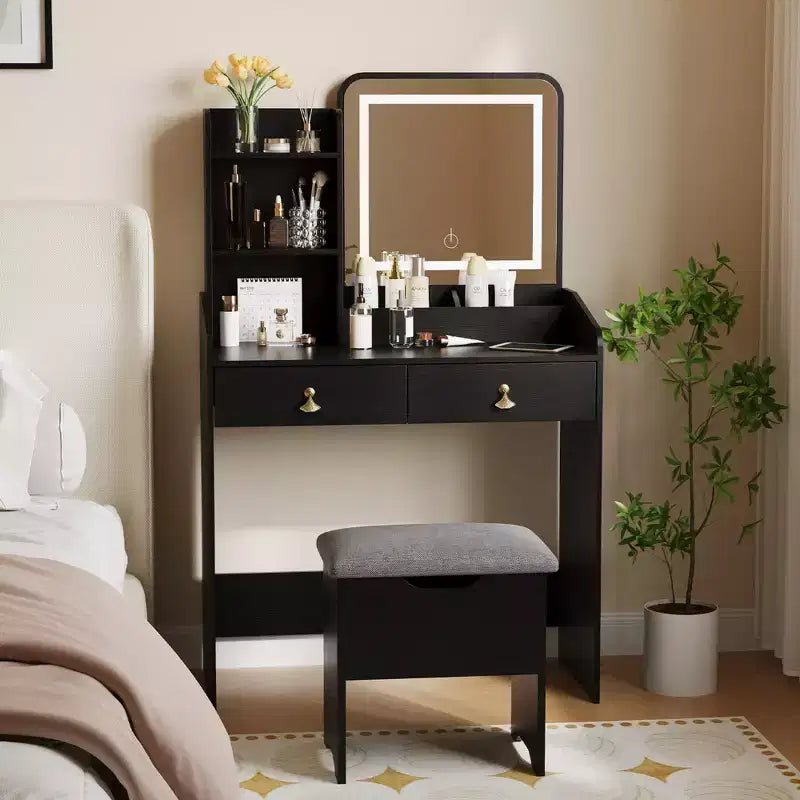 Vanity Desk with LED Light Mirror and Charging Station, Makeup Vanity with 2 Drawers and Storage Stool
