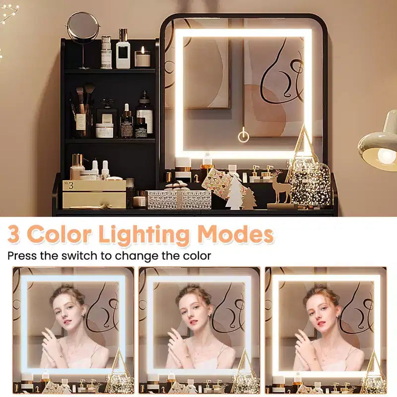 Vanity Desk with LED Light Mirror and Charging Station, Makeup Vanity with 2 Drawers and Storage Stool