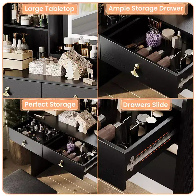 Vanity Desk with LED Light Mirror and Charging Station, Makeup Vanity with 2 Drawers and Storage Stool