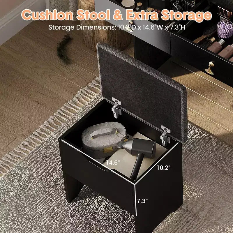 Vanity Desk with LED Light Mirror and Charging Station, Makeup Vanity with 2 Drawers and Storage Stool