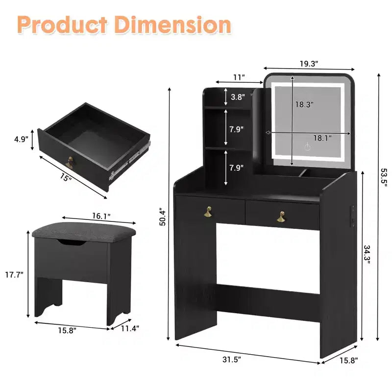 Vanity Desk with LED Light Mirror and Charging Station, Makeup Vanity with 2 Drawers and Storage Stool