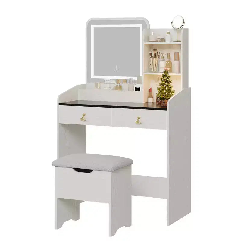 Vanity Desk with LED Light Mirror and Charging Station, Makeup Vanity with 2 Drawers and Storage Stool