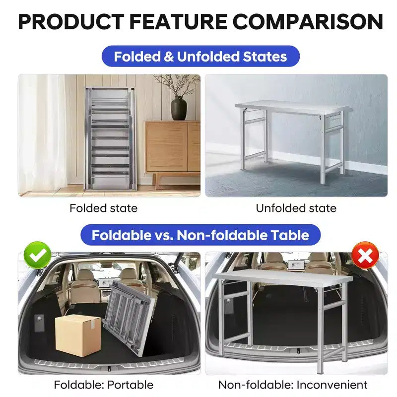 Stainless Steel Folding Table - Commercial Work Table for Home, Kitchen, Restaurant, Garage, Camping, Outdoor Foldable Stainless Steel Workstation