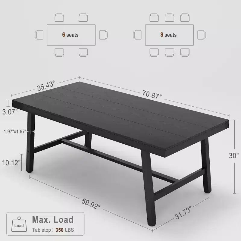 Industrial Dining Table for 6-8 People, 70.87 Long Wooden Kitchen Table with Sturdy Metal Frame & Black Finish-Seats 6 Rectangular Counter for Dinner