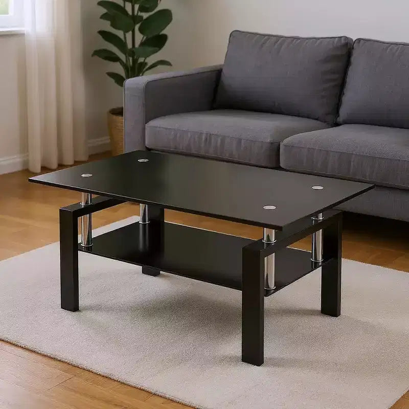39 Black Glass and Steel Coffee Table With Shelf