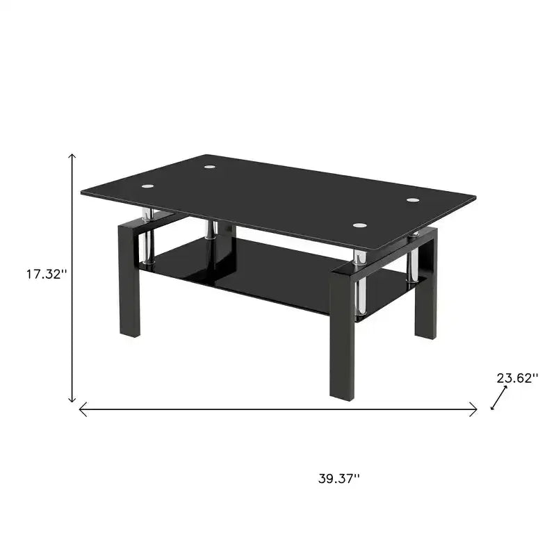 39 Black Glass and Steel Coffee Table With Shelf