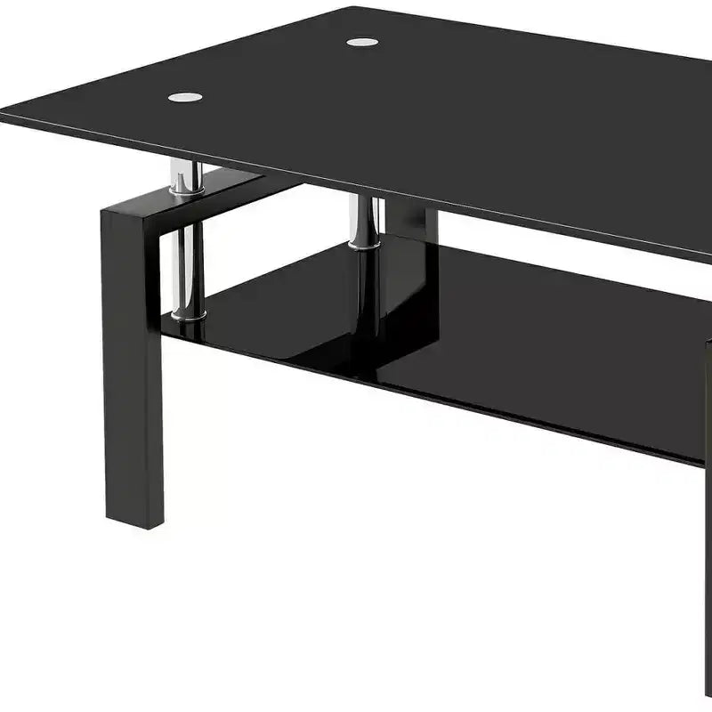 39 Black Glass and Steel Coffee Table With Shelf