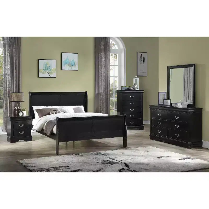 King Sleigh Bed Solid Wood Youth Bed Frame, Low Profile Safe Design for Kids Room, Black