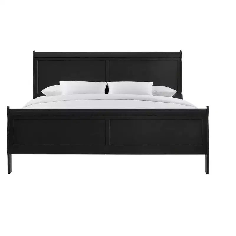 King Sleigh Bed Solid Wood Youth Bed Frame, Low Profile Safe Design for Kids Room, Black