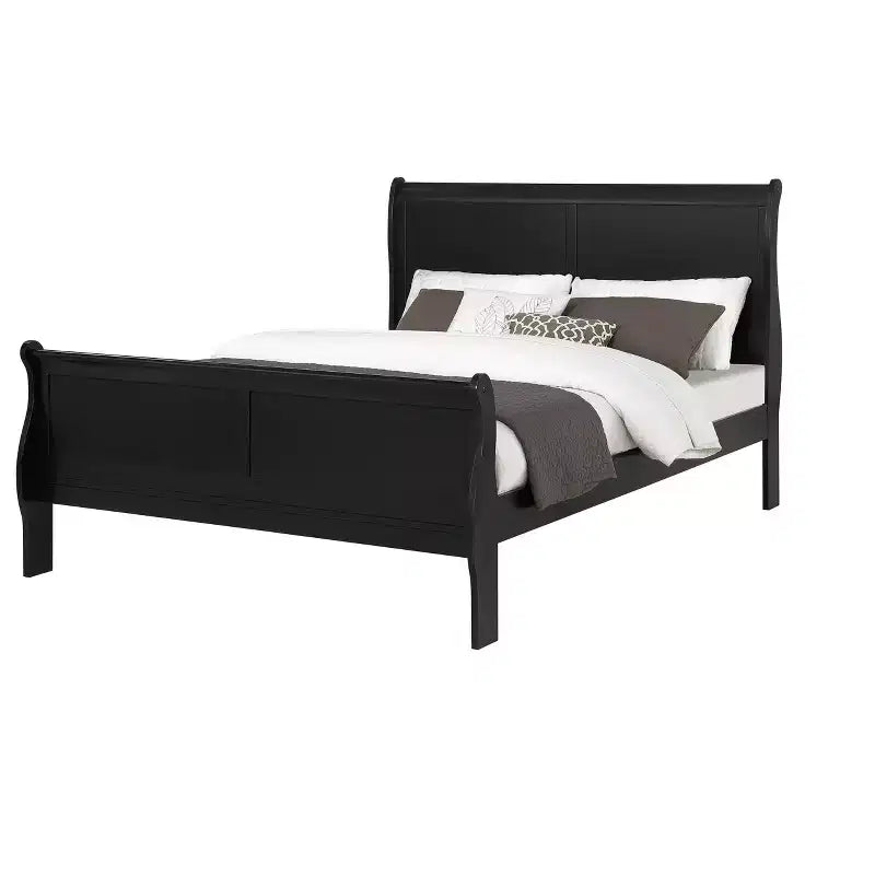 King Sleigh Bed Solid Wood Youth Bed Frame, Low Profile Safe Design for Kids Room, Black