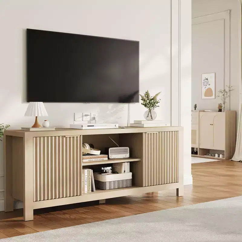 Tv Stand for 65 Inch Tv, Heavy-Duty Entertainment Center with 2 Cabinets & Open Shelves, Media TV Console Table, Wooden Tv & Media Console Cabinet