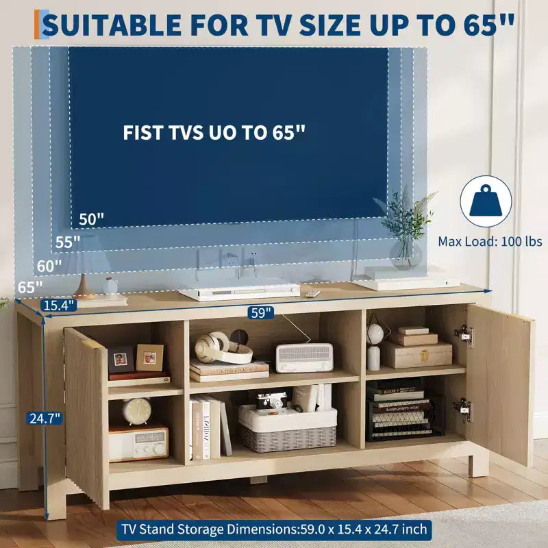 Tv Stand for 65 Inch Tv, Heavy-Duty Entertainment Center with 2 Cabinets & Open Shelves, Media TV Console Table, Wooden Tv & Media Console Cabinet