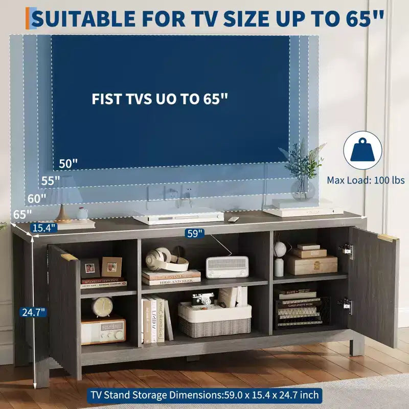 Tv Stand for 65 Inch Tv, Heavy-Duty Entertainment Center with 2 Cabinets & Open Shelves, Media TV Console Table, Wooden Tv & Media Console Cabinet