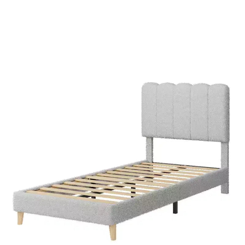 Twin XL Bed Frame, Boucle Upholstered Platform Bed with Wave Headboard for Girls/Kids, Easy Assembly, Wooden Slats Support, No Box Spring Needed
