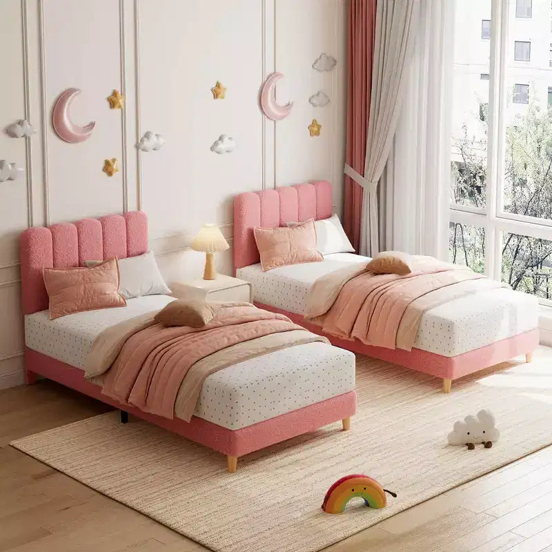 Twin XL Bed Frame, Boucle Upholstered Platform Bed with Wave Headboard for Girls/Kids, Easy Assembly, Wooden Slats Support, No Box Spring Needed