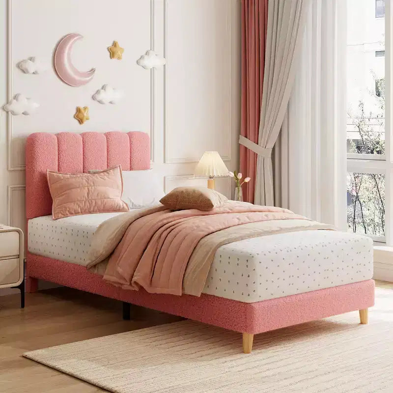 Twin XL Bed Frame, Boucle Upholstered Platform Bed with Wave Headboard for Girls/Kids, Easy Assembly, Wooden Slats Support, No Box Spring Needed