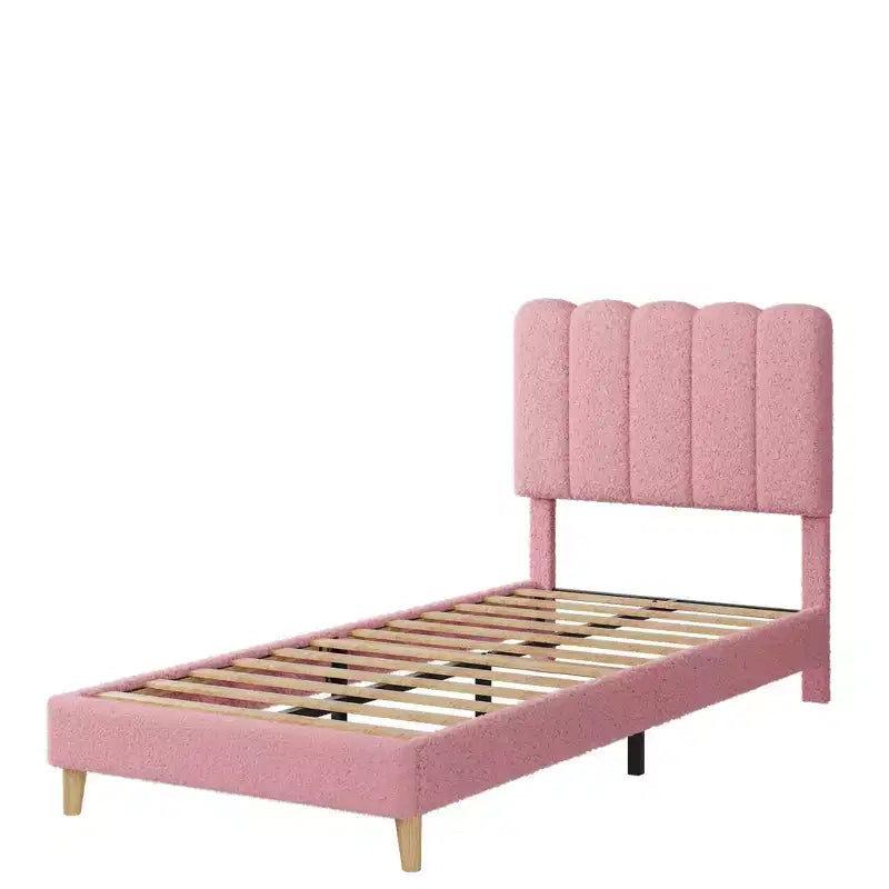 Twin XL Bed Frame, Boucle Upholstered Platform Bed with Wave Headboard for Girls/Kids, Easy Assembly, Wooden Slats Support, No Box Spring Needed
