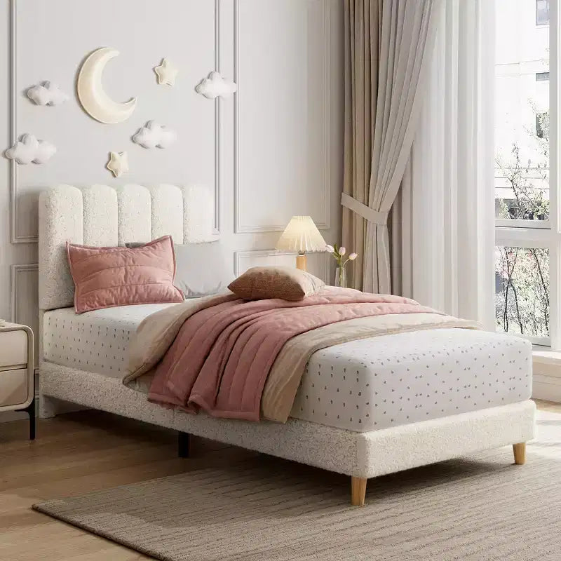 Twin XL Bed Frame, Boucle Upholstered Platform Bed with Wave Headboard for Girls/Kids, Easy Assembly, Wooden Slats Support, No Box Spring Needed