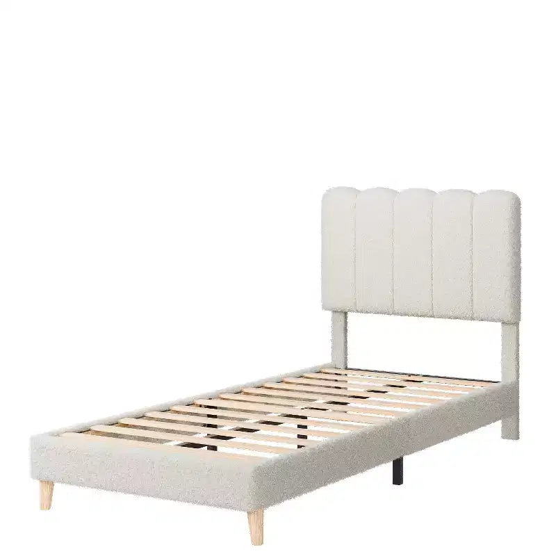Twin XL Bed Frame, Boucle Upholstered Platform Bed with Wave Headboard for Girls/Kids, Easy Assembly, Wooden Slats Support, No Box Spring Needed