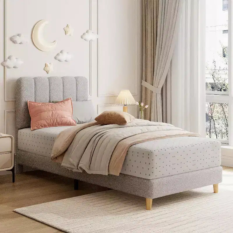 Twin XL Bed Frame, Boucle Upholstered Platform Bed with Wave Headboard for Girls/Kids, Easy Assembly, Wooden Slats Support, No Box Spring Needed