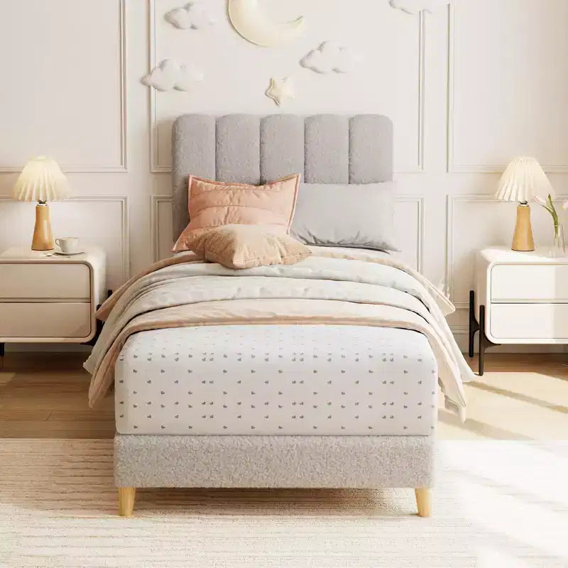 Twin XL Bed Frame, Boucle Upholstered Platform Bed with Wave Headboard for Girls/Kids, Easy Assembly, Wooden Slats Support, No Box Spring Needed