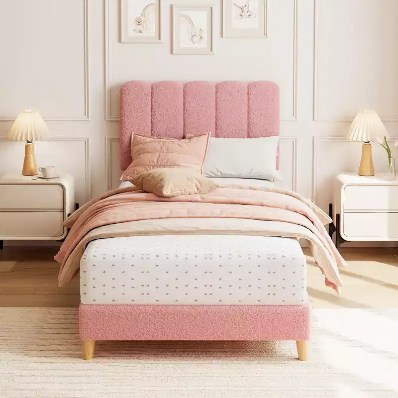 Twin XL Bed Frame, Boucle Upholstered Platform Bed with Wave Headboard for Girls/Kids, Easy Assembly, Wooden Slats Support, No Box Spring Needed