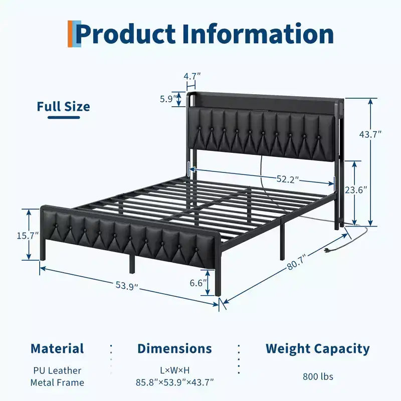 Bed Frame with PU Faux Leather Button Headboard with Charging Station, Metal Platform with Storage, Noise-Free, No Box Spring Needed, Easy Assembly