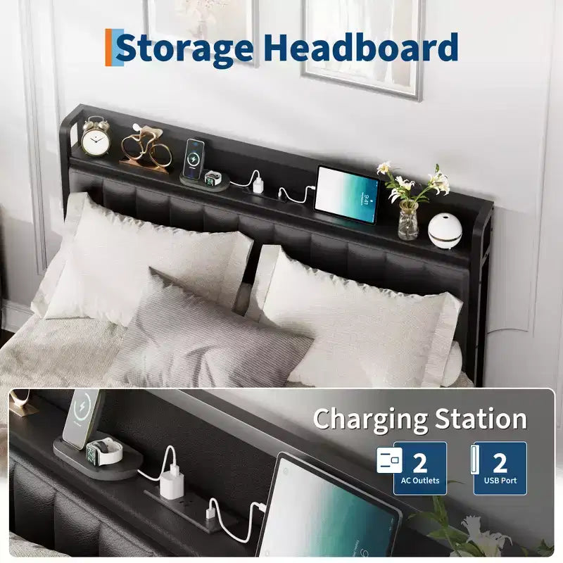 Bed Frame with PU Faux Leather Button Headboard with Charging Station, Metal Platform with Storage, Noise-Free, No Box Spring Needed, Easy Assembly