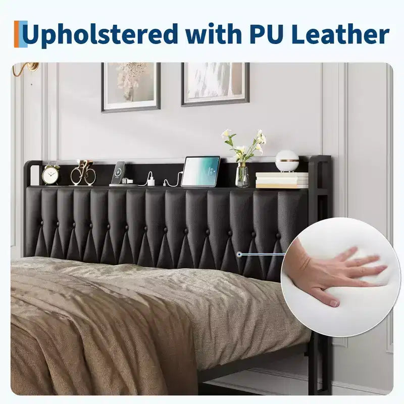 Bed Frame with PU Faux Leather Button Headboard with Charging Station, Metal Platform with Storage, Noise-Free, No Box Spring Needed, Easy Assembly