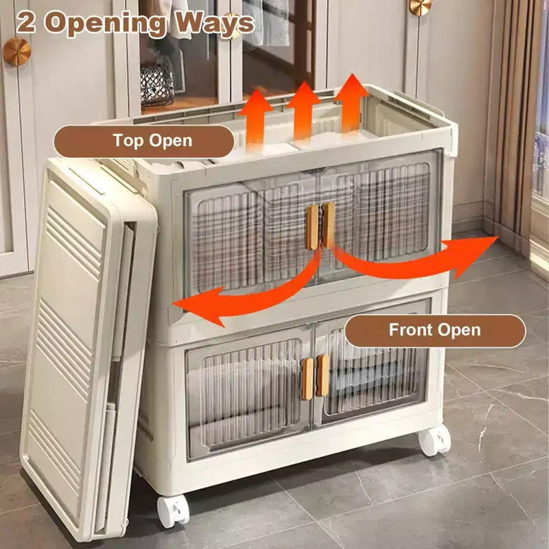 4 Tier Stackable Plastic Storage Bins with Wheels, Closet Organizers and Storage Double Door