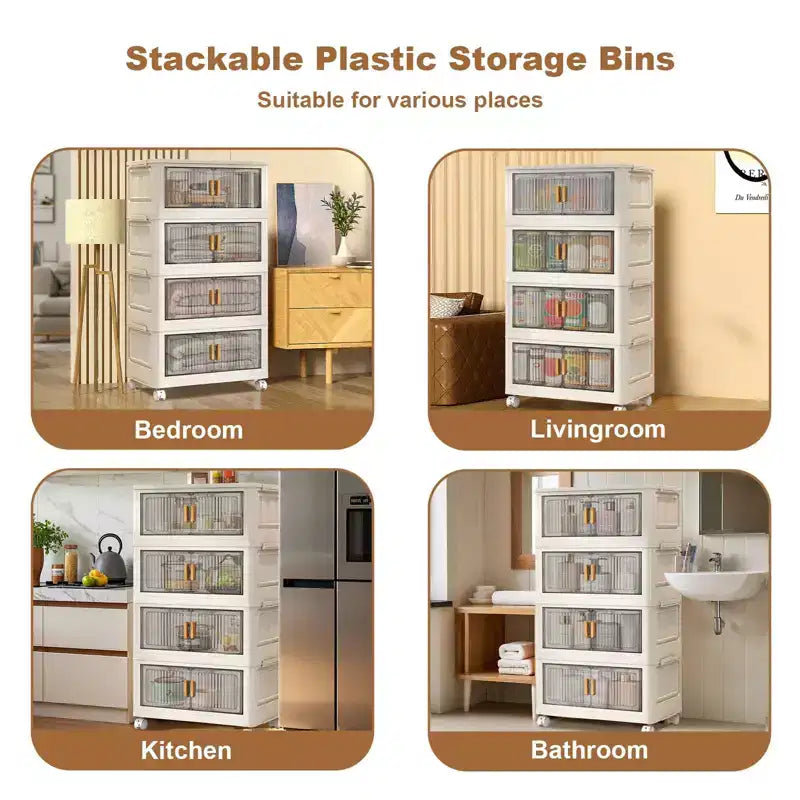 4 Tier Stackable Plastic Storage Bins with Wheels, Closet Organizers and Storage Double Door