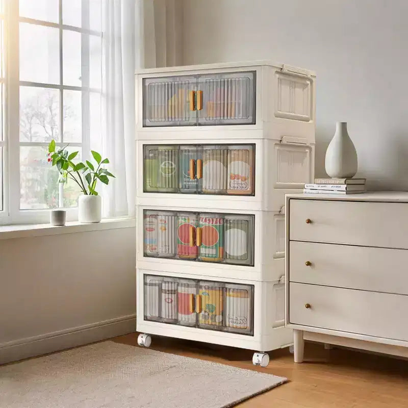 4 Tier Stackable Plastic Storage Bins with Wheels, Closet Organizers and Storage Double Door