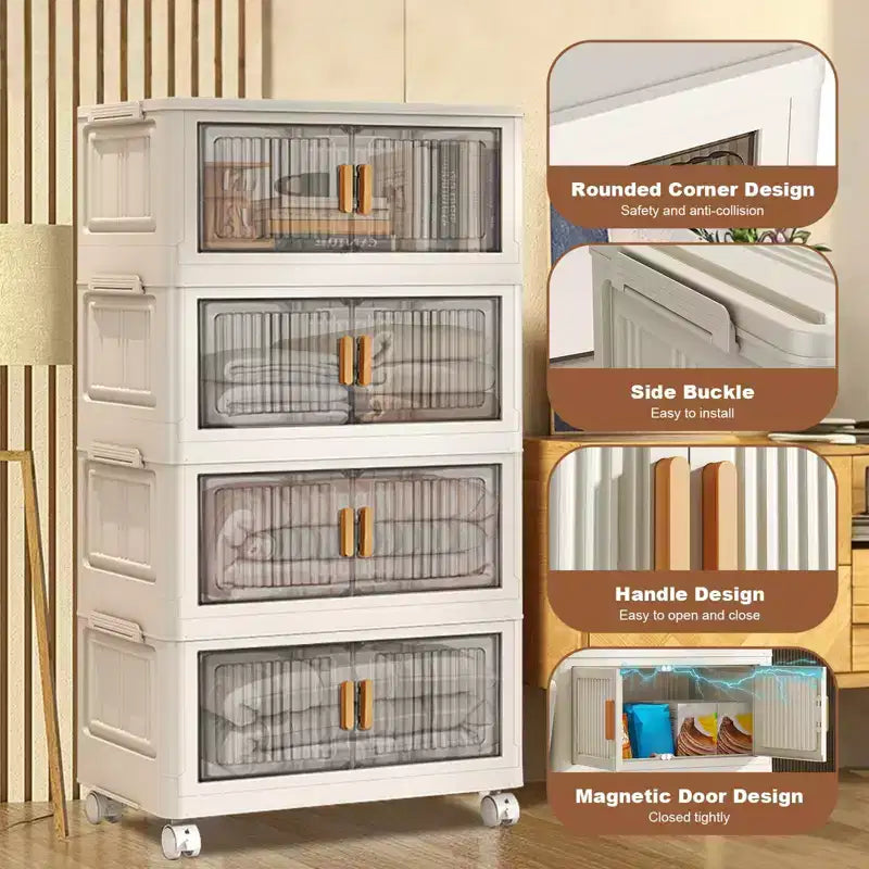 4 Tier Stackable Plastic Storage Bins with Wheels, Closet Organizers and Storage Double Door