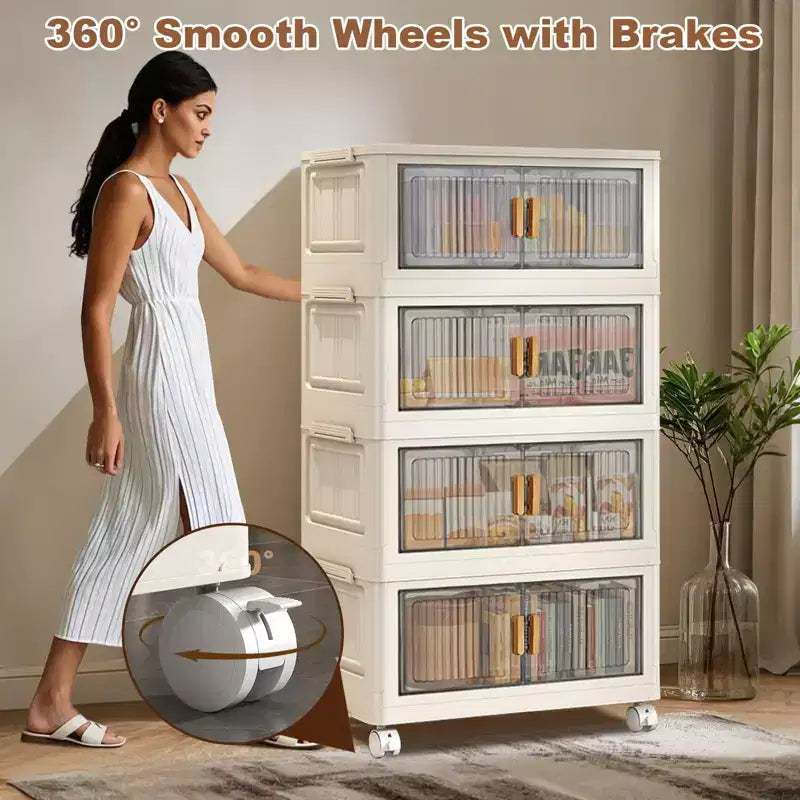 4 Tier Stackable Plastic Storage Bins with Wheels, Closet Organizers and Storage Double Door