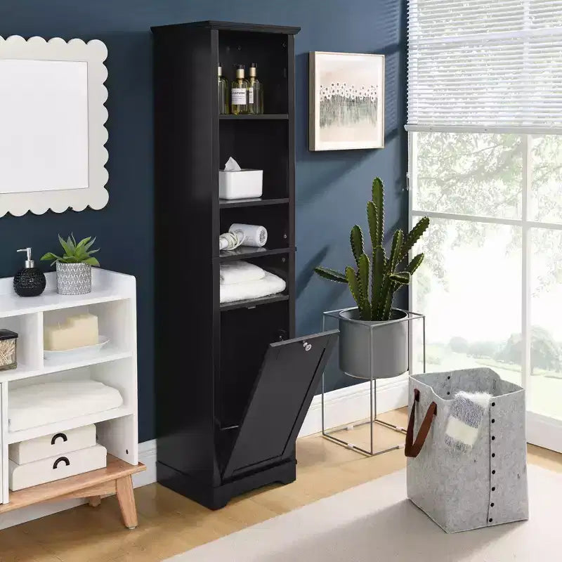 Modern 63.8" Tall Bathroom Storage Cabinet with Adjustable Shelves, Laundry Hamper and Hidden Clothes Storage