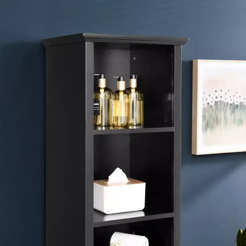 Modern 63.8" Tall Bathroom Storage Cabinet with Adjustable Shelves, Laundry Hamper and Hidden Clothes Storage